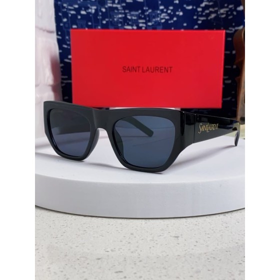 Saint Laurent Black Rectangular Sunglasses with Gold Logo Temples